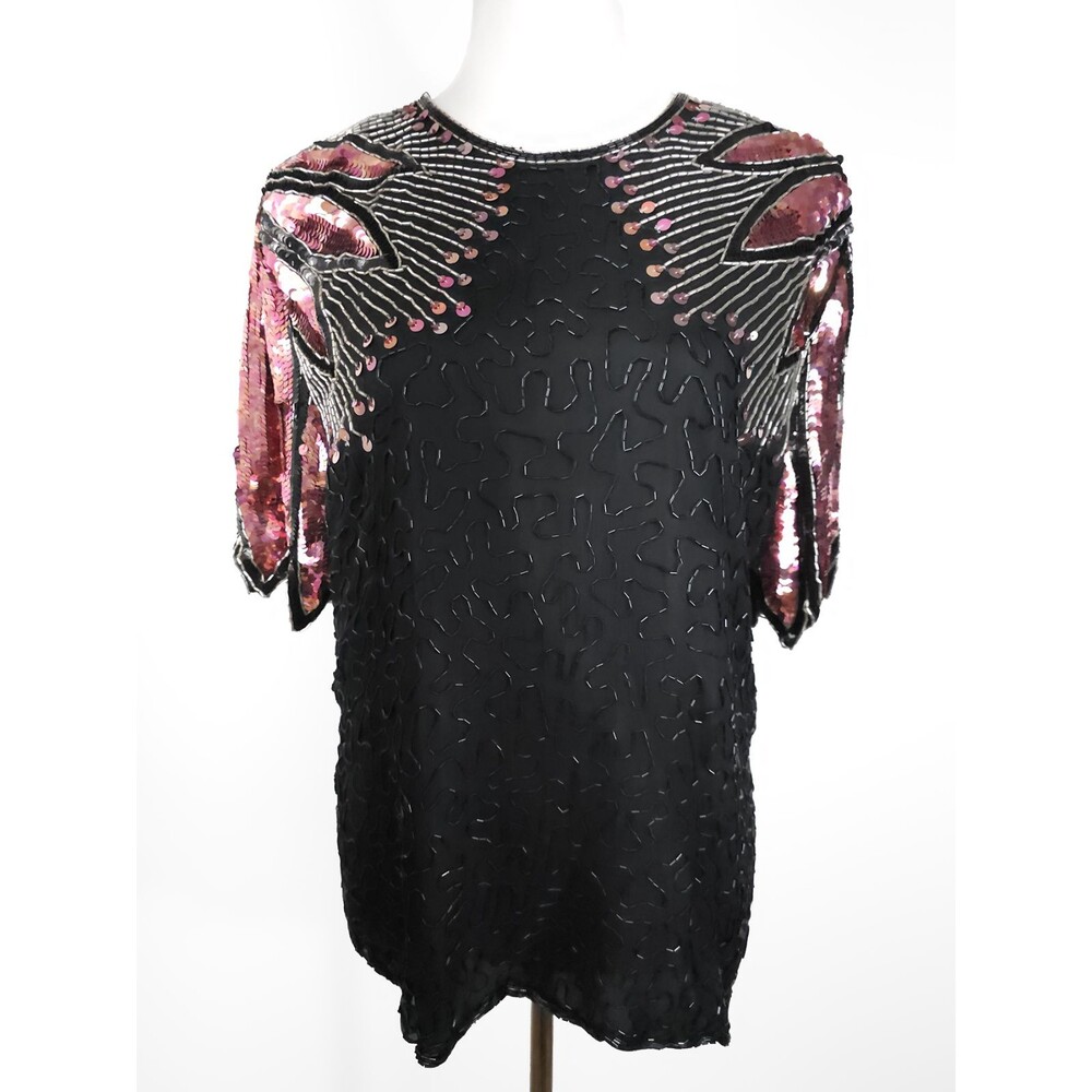 Laurence Kazar XL Silk Pink Black Silver Sequin Beaded Vintage Evening Blouse